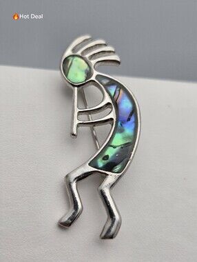 Native American Kokopelli Brooch Silver Abalone Inlay Southwestern Flute Player